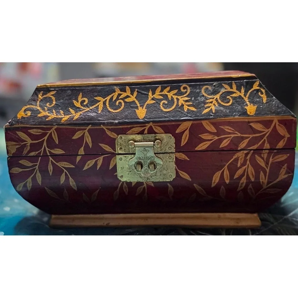 Vintage Hand-Painted Wooden Jewelry Box Floral Gold Red Black Antique Style